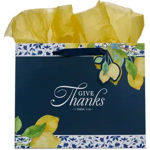 Large Landscape Inspirational Scripture  Bag, Tag & Tissue Wrapping Paper Set for Women: Give Thanks  Verse, White, Navy Blue & Yellow  Floral, Satin Ribbon Handles