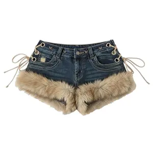 American retro y2k millennial hot girl low waist slim denim shorts children's design sense of fluffy stitching super shorts Pants Womenswear Jean