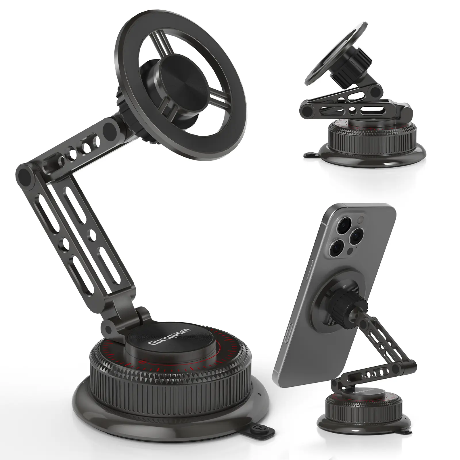 Guccqueen Alloy Dual-Arm Magnetic Car Phone Holder, Adjustable Arm Secure Mount, Residue-Free Adhesive Gel Vacuum Suction Cup Base, Repositionable Stable Support for Safer Driving