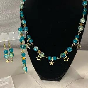 Blue and Gold Star Beaded Necklace, Bracelet, and Earrings Set