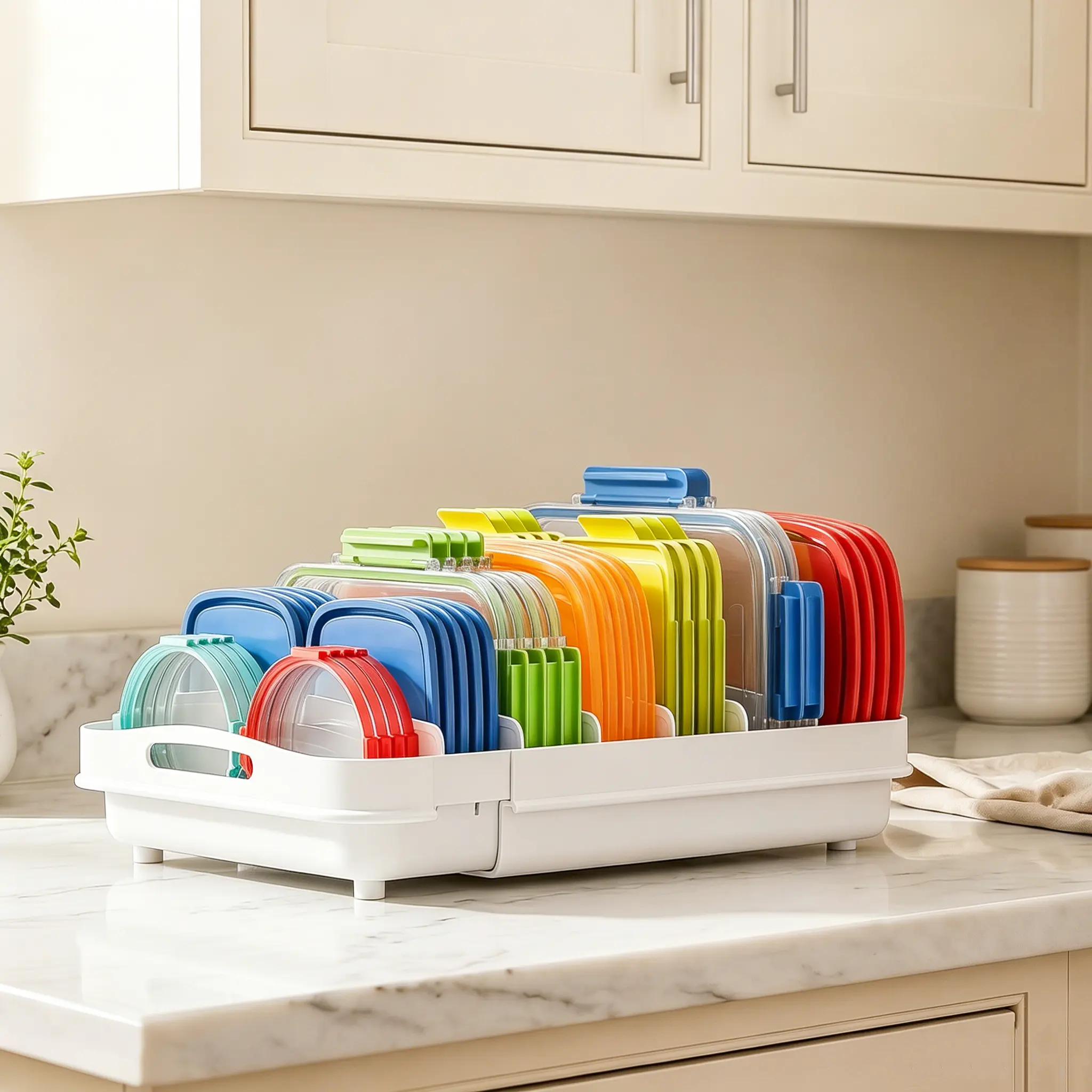 EVERIE Expandable Rectangle Kitchen Storage Organization Rack - Adjustable Shelf, 8 Removable Dividers, Tool-Free Setup, Built-In Handle, Clean White Finish, Deep Fit for 12" Cabinets, Home Use Small Kitchen Solution