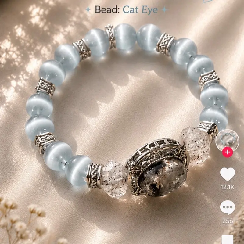 Handmade Cat Eye Serpentine Jade Crystal Bracelet with Silver Accents - Natural Crystal Jewelry for Adults, Encouraging Inner Peace, Promoting Emotional Healing, Releasing Negative Energy