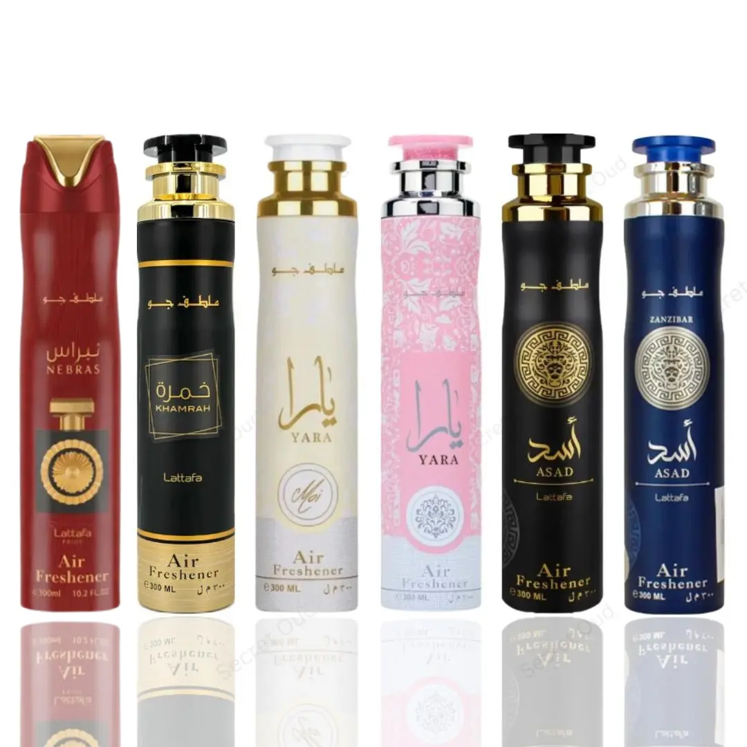 Asad Zanzibar Air Freshner + Asad Air Freshener + Yara Air Freshener + Yara Moi Air Freshener + Khamrah Air Freshener + Nebras Air Freshener -- 6 piece bundle