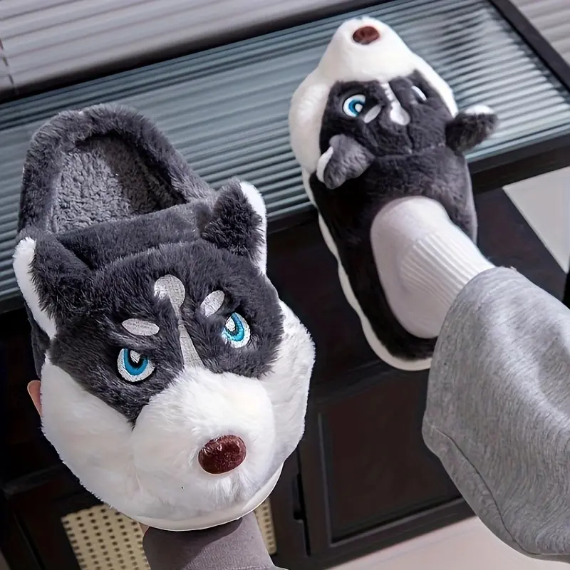 Men's Slippers with a Cute Siberian Husky Design, Warm Plush Fabric Slip-Ons for Indoor Wear with a Thick EVA Sole, Slip On, Shoe, Footwear