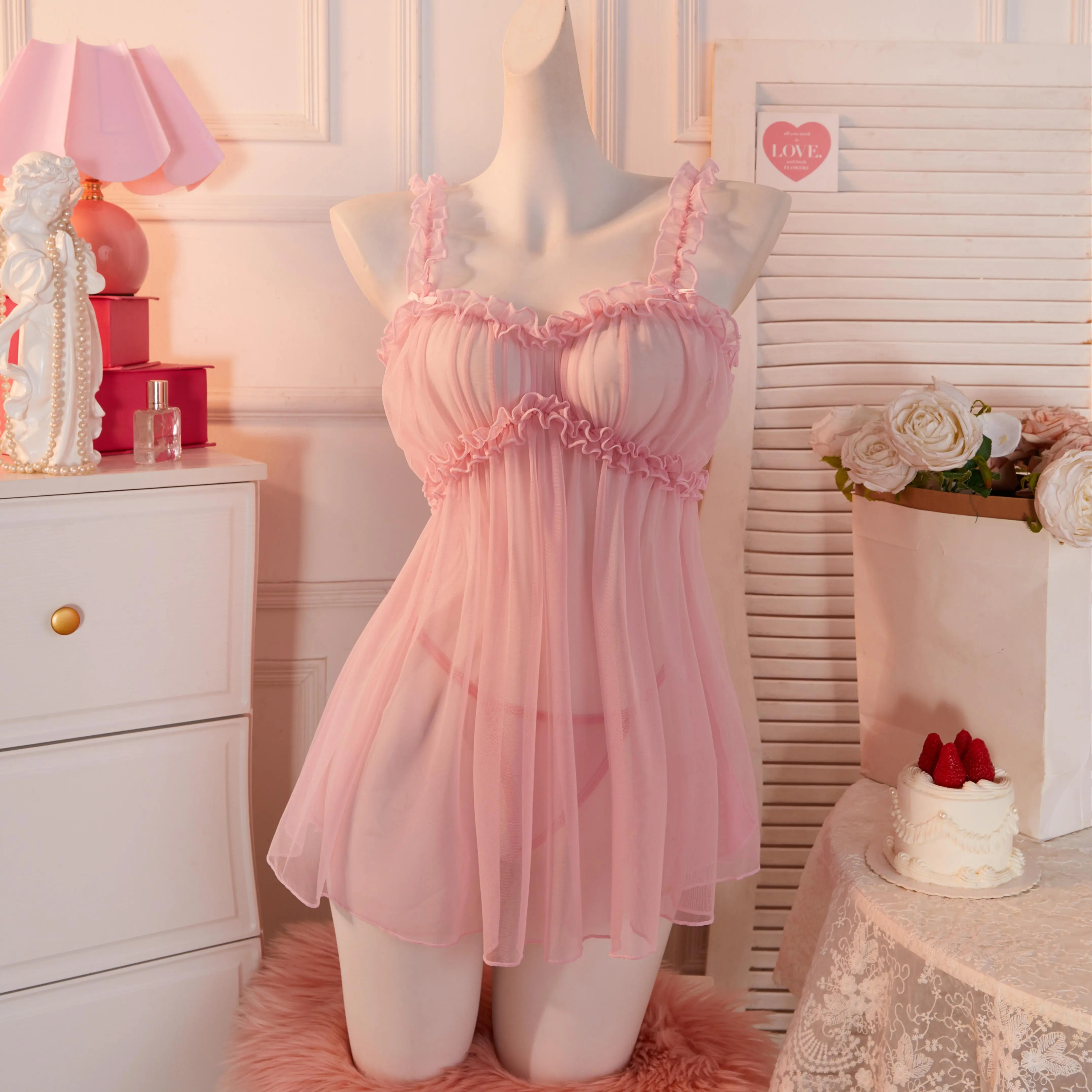 AESKEIA Women's Babydoll Lingerie Set, Cute Plain Mesh Lace Chemise with Ruffled Edge and Thong Included, Nightwear, Elegant, Fashion, Style, Soft, Basic, Nylon, Square Neck, Sleeveless, Matching