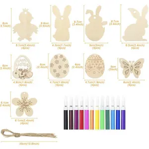 36PCS Wooden Easter Ornaments to Paint, 9 Styles DIY Blank Unfinished Wood Cutouts Ornament for Crafts Hanging Decorations, Egg Rabbit Bunny Butterfly Flower Hen Happy Easter