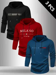 Men's 3-Piece Letter Graphic Print Hooded Fitted Long Sleeve T-Shirt Set, Outfit, Casual Outdoor Fall Winter Wear, Tops, 3-Pack