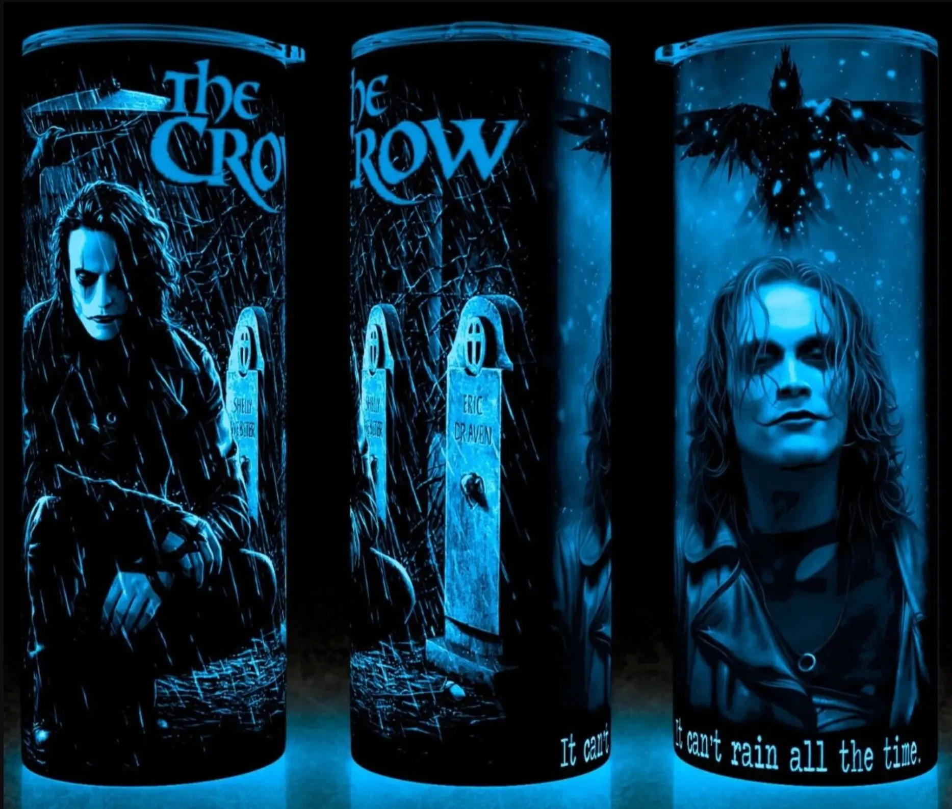 20oz Glow in the Dark The Crow Brandon Lee 90s Action Movie Stainless Steel Mug - Double Walled, Durable, Heat Resistant, Sweat Proof, Modern Slide Closure Lid, Straw Included, Portable Glossy Kitchenware for Action Movie Fans, Adults (Hand Wash Only)