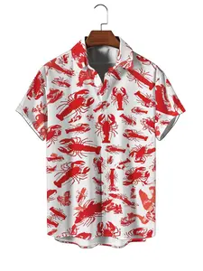 Men's Short Sleeve Shirt - Flat Digital Print Pattern, Textured-Free, Red Lobster Design, Fashionable Minimalist Short Sleeve, Button-Up, Casual Collared Shirt, Versatile Style, Perfect for Dates, Beach Vacations, Ideal Gift for Men