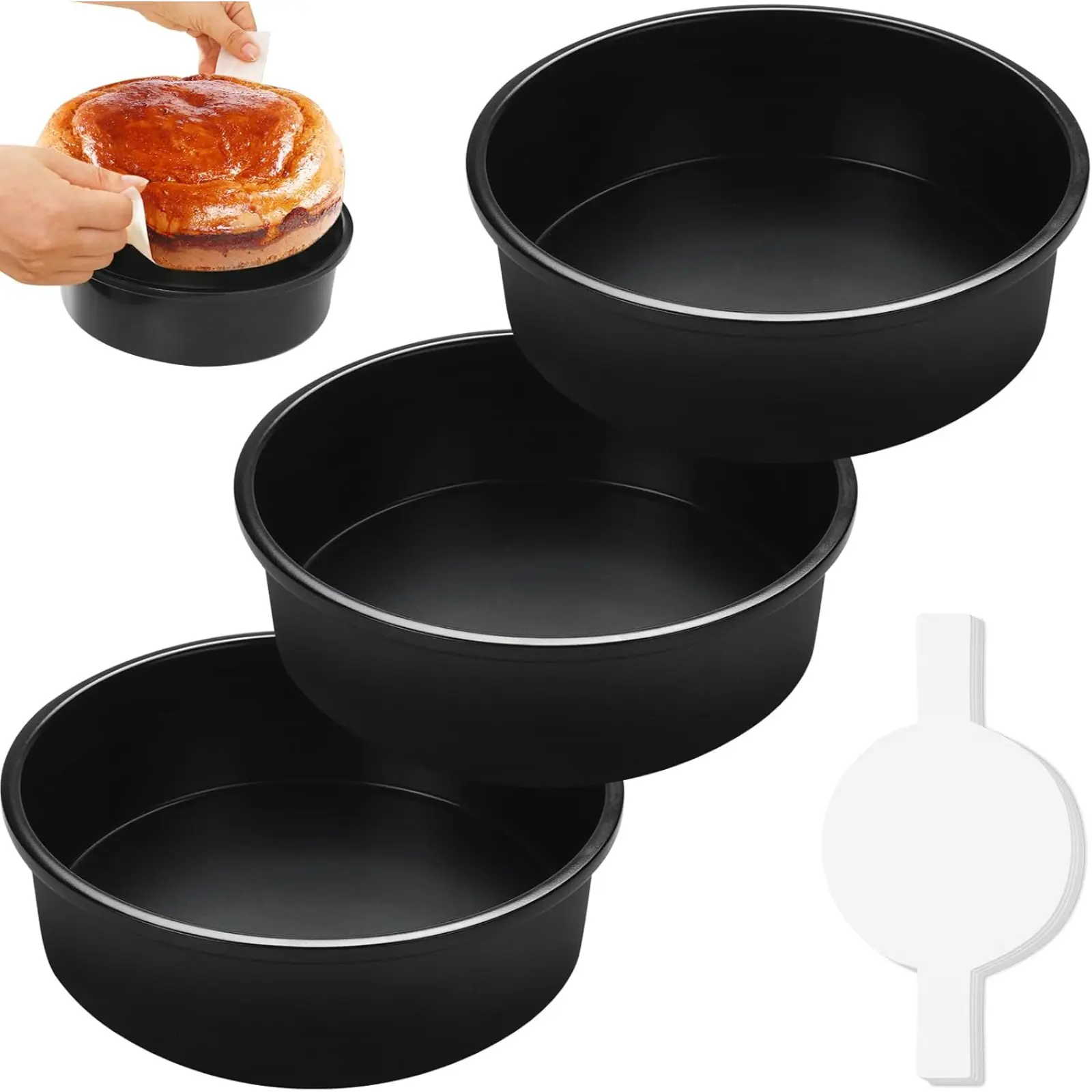 8 In Round Shape Carbon Steel Cake Tin Set (3-Piece) - Nonstick, Non-Toxic Baking Pans, 110-Piece Parchment Paper Included, Dishwasher Safe