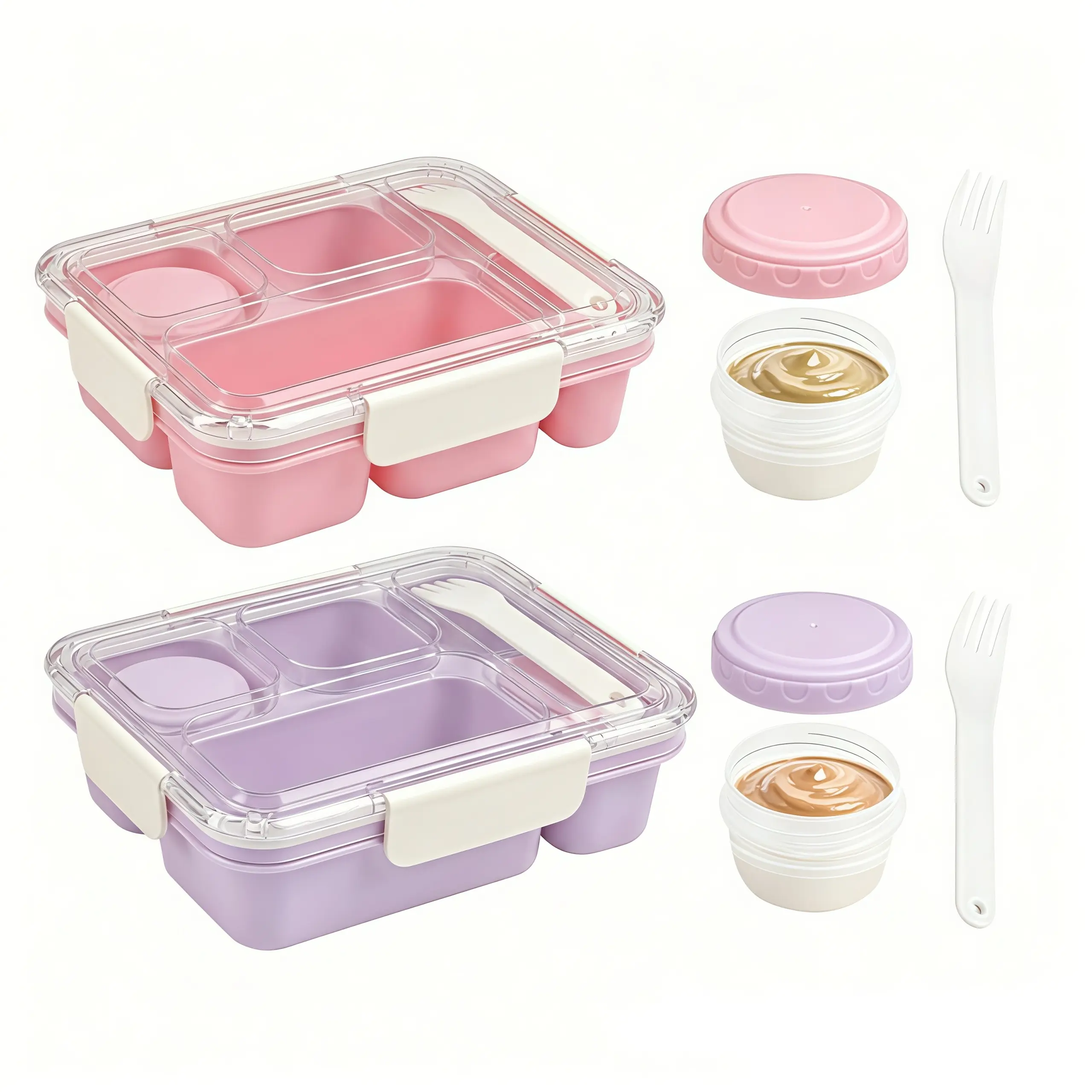 Stylish Lightweight Adult Lunch Box - 4-Compartment, 32oz Leak-Proof BPA-Free Reusable Meal Prep Container with Detachable Sauce Cup, Fork, Classic Tray for Work & Travel (Pink & Purple)
