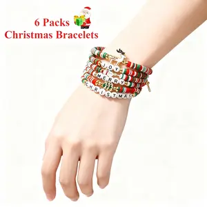 Boho Christmas Beaded Bracelets 6-Pack – Handmade Colorful Layered Stretch Bracelets with Vinyl & Charm, Trendy Bohemian Jewelry for Women, Perfect Christmas Gifts, Holiday Parties & Daily Stacking Style
