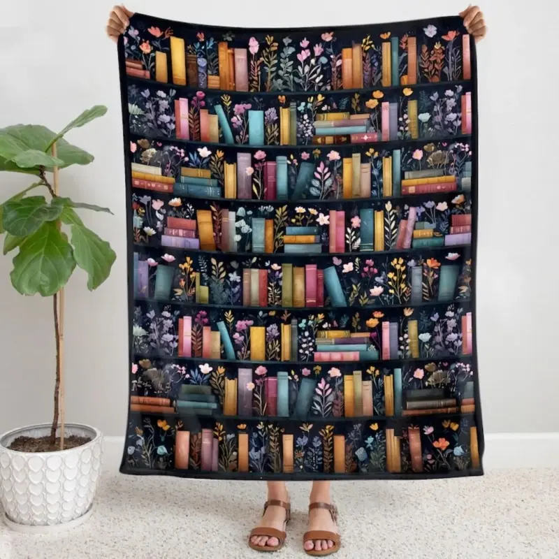 Vintage Bookshelf Library Throw Blanket, Cottagecore Book Wildlowers Blanket Gift For Book Lover Library Gift Floral Bookish Gift For Reader Blanket All-Season Home Bedroom Bed Sofa Picnic Cover Family Friends and Chridren Perfect Gift Christmas Present