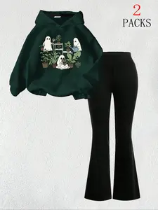 Women's Long Sleeve Hoodie Sweatshirt, Womenswear, Lady, Fitted, Ghost Flower Pattern, Slimming Flared Bottoms, Perfect for Women's Daily Wear and Casual, Ghoul Hoodie