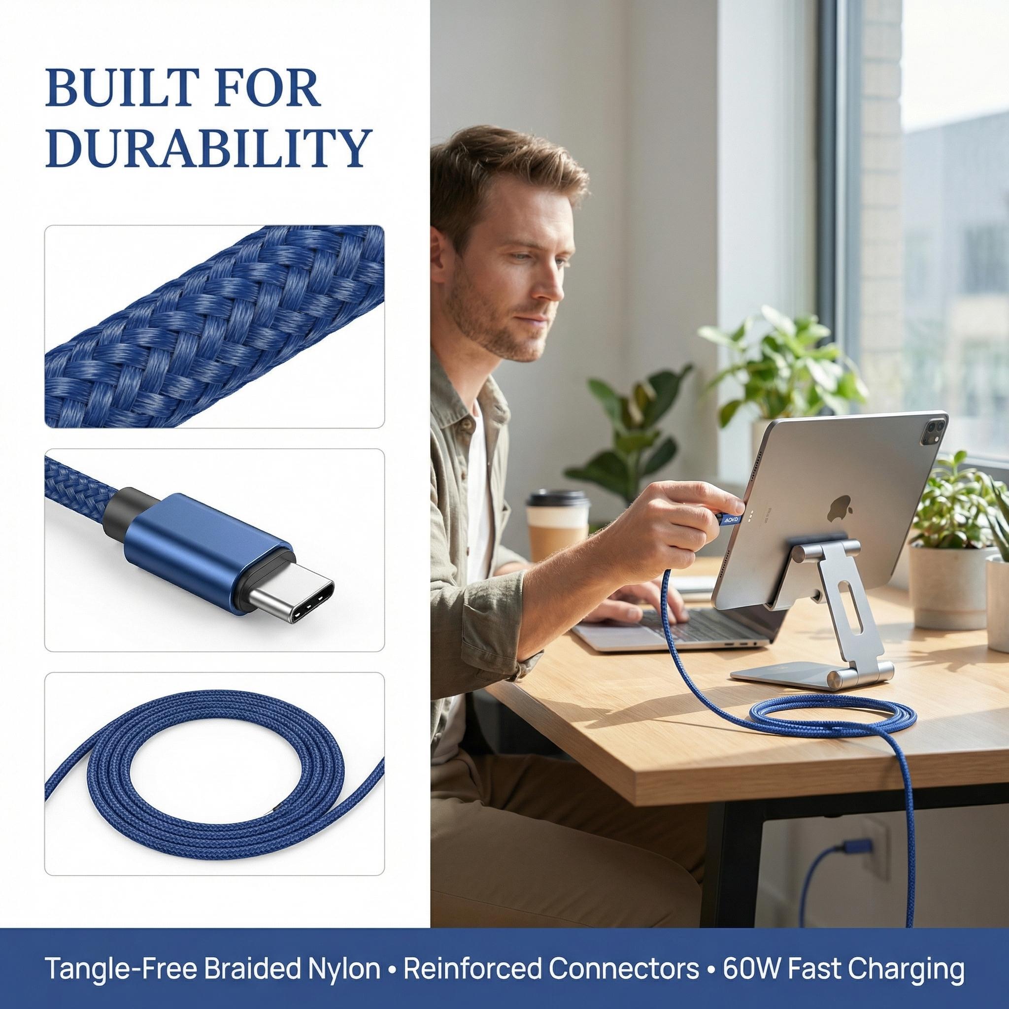 60W Fast Charging USB‑C Cable, Heavy-Duty Nylon Braided, Anti-Tangle, Super Durable & Bend-Resistant Type‑C Cord for iPhone 17/16/15, Samsung Galaxy, Pixel, iPad Pro