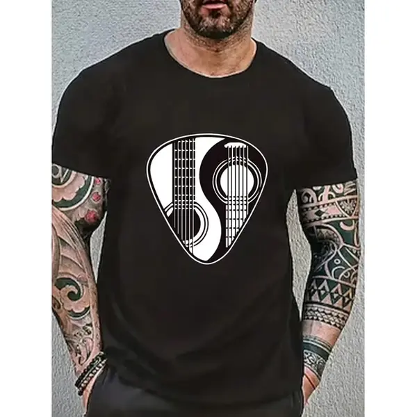 Guitar Pick Yin Yang Graphic Tee, Acoustic Guitar Musician Art Print, Rock Music Lover Top, 100% Cotton Crewneck T‑Shirt