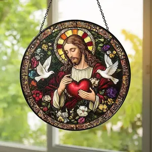 Sacred Heart of Jesus Stained Glass Suncatcher, Christian Religious Window Hanging, Catholic Gift & Spiritual Home Decor, Gift For Christian