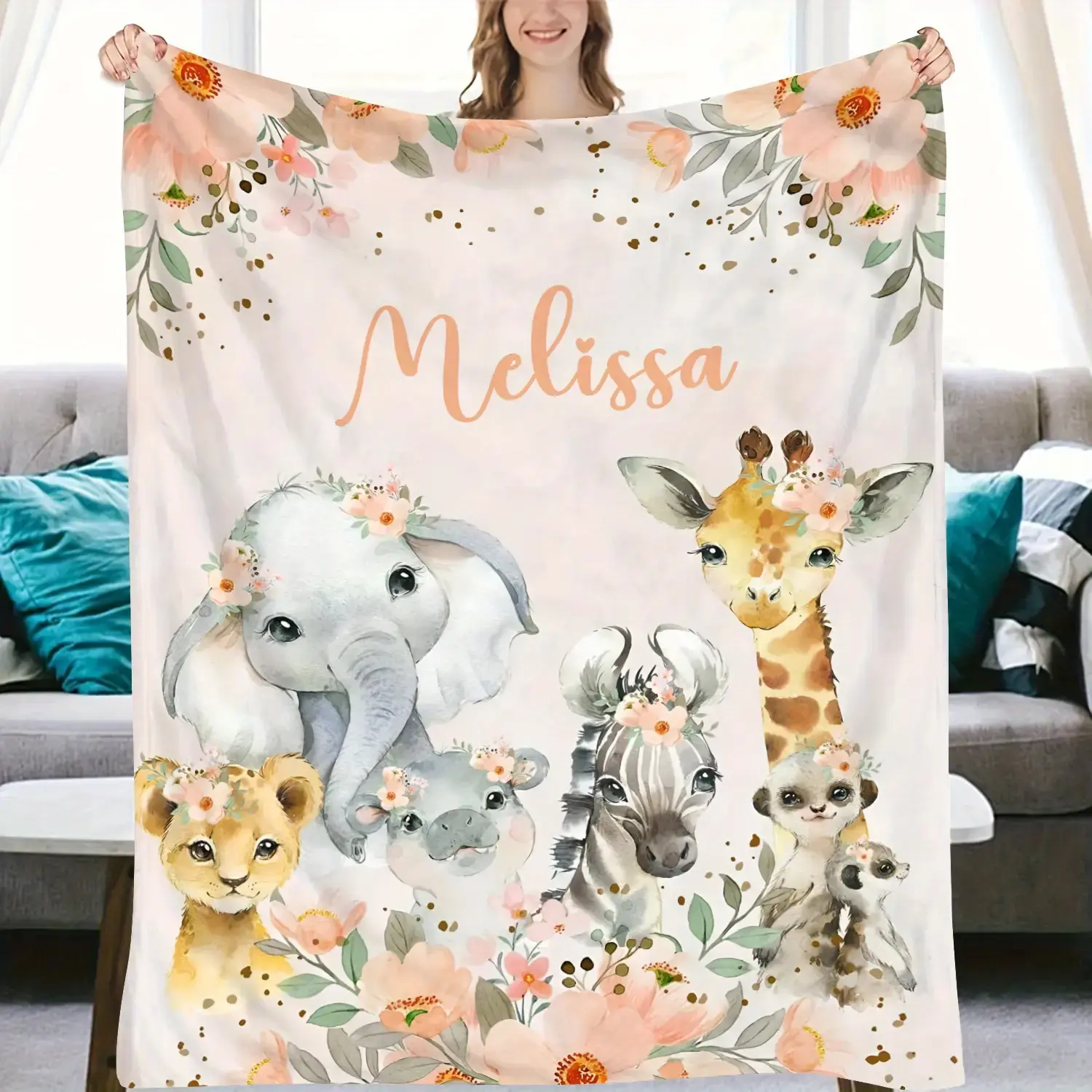 Customized Name Soft Flannel Throw Blanket - Cute Animals Print, Retro, Breathable, Durable, Stain Resistant, Machine Washable, Cozy Warm Personalized Gift for Sofa/Bed, Children's Room Decor
