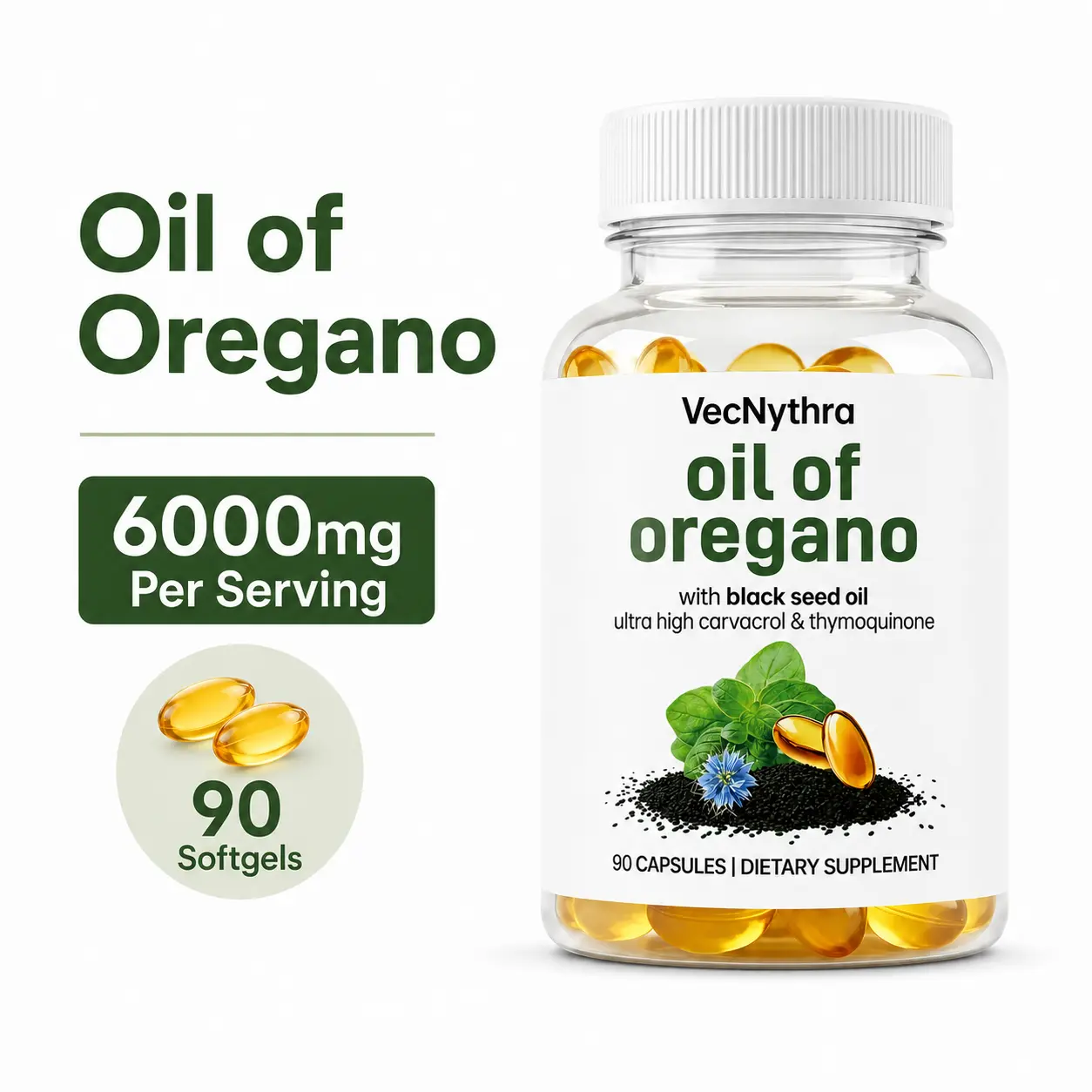 VecNythra Oil of Oregano with Black Seed Oil, 6000mg Per Serving, 20:1 Oregano Extract, 90 Softgels