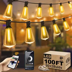 DREAMLAND Smart Outdoor String Lights Patio Deals 100FT with 32 Bulbs,Dimmable Shatterproof ST38 Vintage Edison Bulbs led lights,Waterproof with with Remote and APP Control  Wifi Led Strip Hanging Lights for Outside Porch, Deck, Garden, Backyard, Balcony