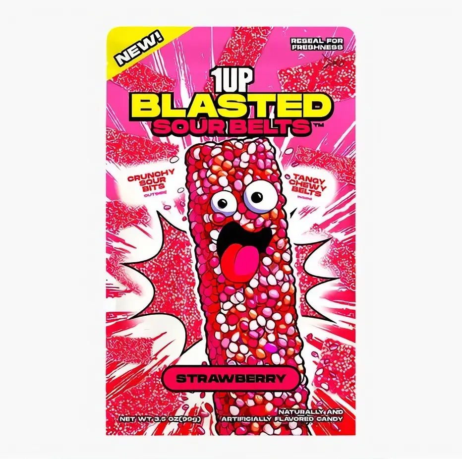 1UP Candy Blasted Sour Belts – Strawberry | Crunchy-Coated Sour Candy Strips (3, 6 or 10 Pack)