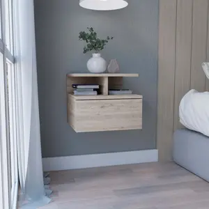 Floating Nightstand 12"H Wall Mounted with Single Drawer and 2-Tier Shelf Light Gray