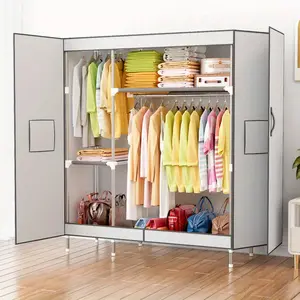 A Simple Wardrobe with Magnetic Suction Double Door Type, Magnetic Suction Thickened Panel, 19mm Steel Pipe, Large Capacity and Strong Load-bearing Capacity, Raised Skirting Board, Mixed Color, Suitable for Bedrooms and Rental Rooms