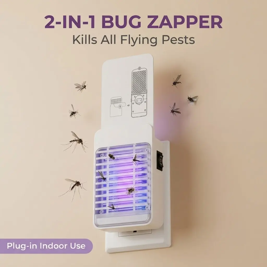 SAIJZEK 2-in-1 Indoor Electronic Mosquito Zapper & Multi-Insect Trap, Plug-and-Play 2W UV Light Sticky Trap Lamp with 5 Glue Cards, Silent Pet-Safe Home Pest Control Device for Kitchens (4.26" x 2.95" x 1.2")