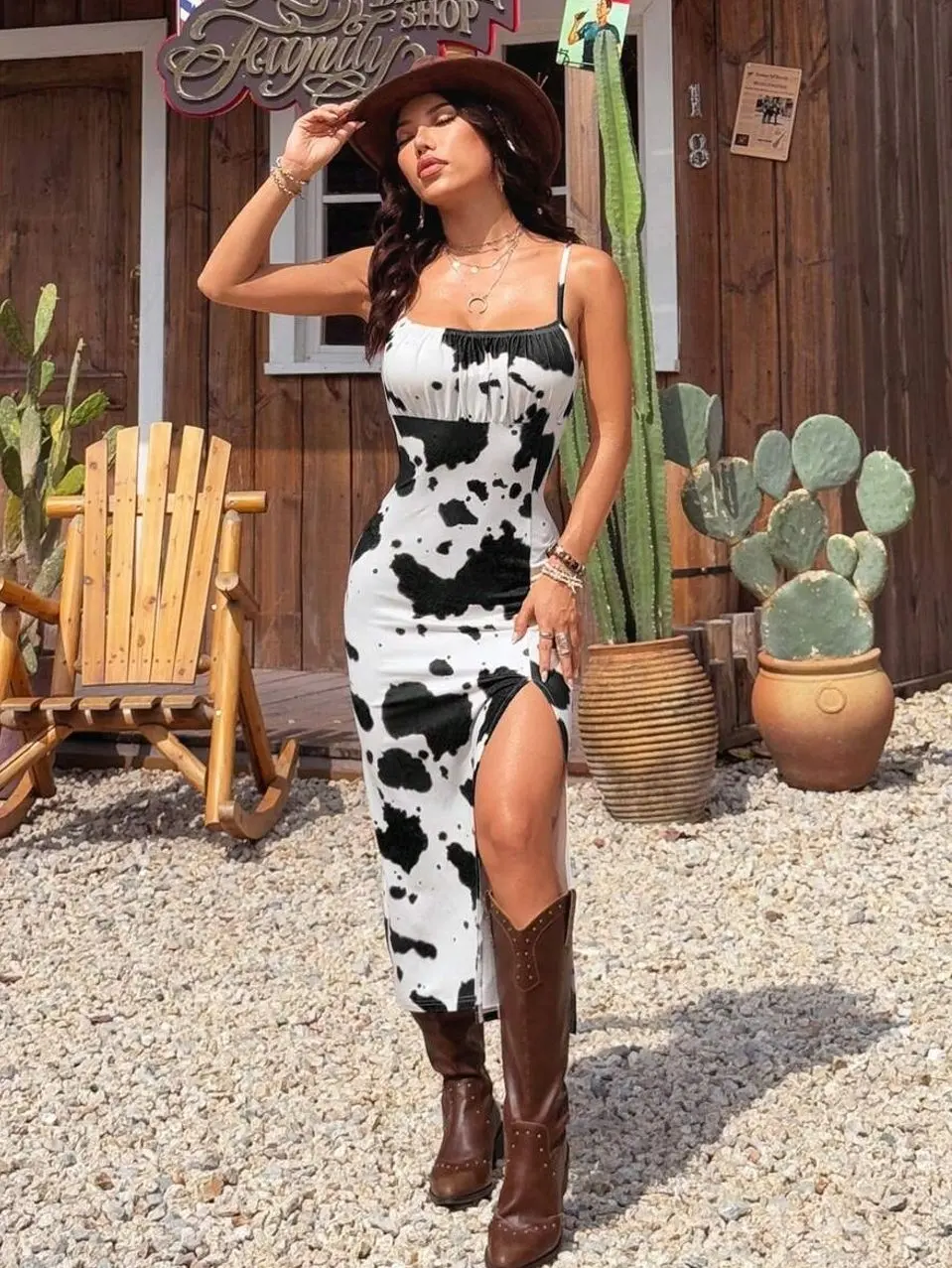 Cow Print Sling Slit Midi Dress, Sexy Festival Sleeveless Summer Dress