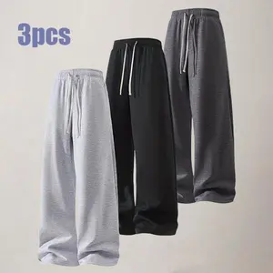 Value for money!3 Pairs of Gray and Black Wide-Leg Sweatpants, Affordable Luxury Style