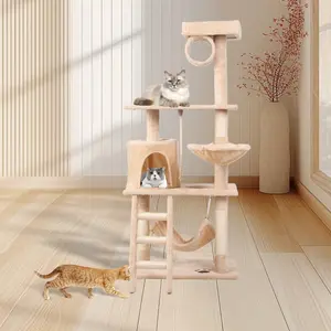 Cat Tower 55" with Cozy Hammocks, Scratch Posts & Apartment, Milky-Light Beige | Paws and Spaces