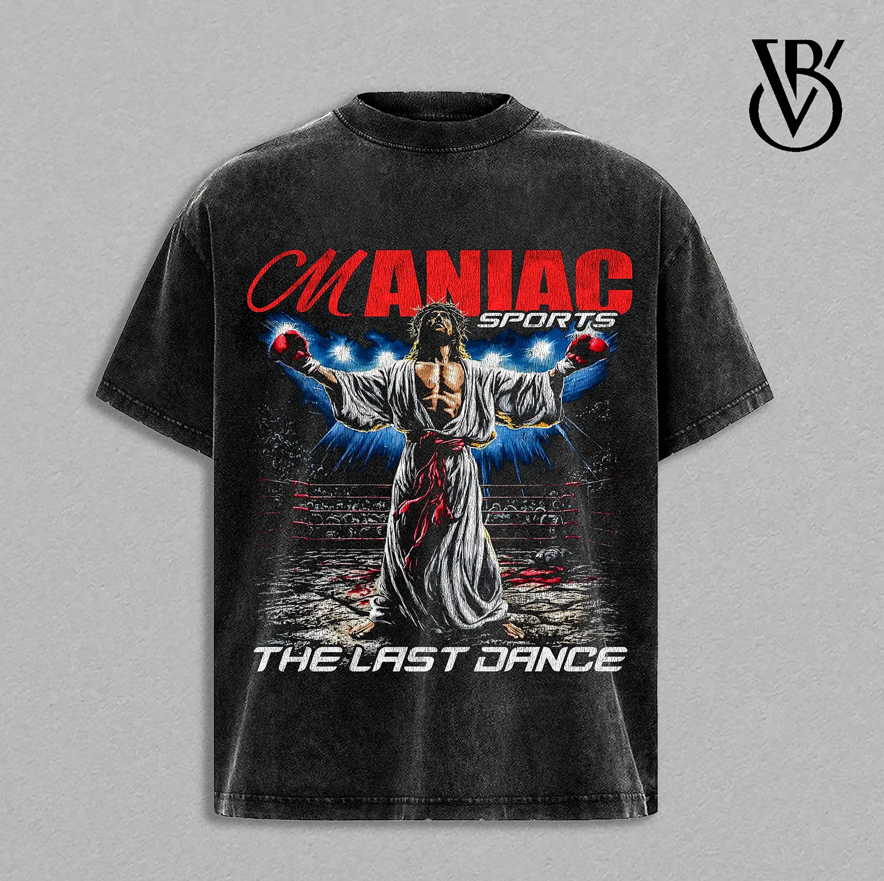 Maniac Sports The Last Dance Tee | Vintage jesus Boxing Graphic Shirt | Fighter Streetwear Washed Black Tee | Retro Combat Sports Oversized T-Shirt | Y2K Grunge Athletic Apparel