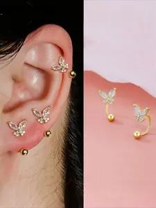 [2pcs Elegant Butterfly] 2pcs Elegant Butterfly Earrings | Golden-Tone Copper Studs with Sparkling Synthetic Cubic Synthetic Zirconia, Helix Lobe Piercing Jewelry for Daily Wear or Gifts