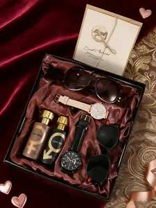 7pcs Couple Watch Set with Themed Gift Box, Includes Couple Watches, Perfume, Glasses, Greeting Card, Perfect Gift for Valentine's Day, Wedding Gift