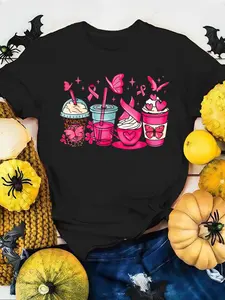 100% Cotton Women T-shirt Plaid Pumpkin Thankful Grateful Blessed Thanksgiving Fall T-Shirt  Print Round Neck Short Sleeve T-Shirt For Women Casual, Summer, Women Top Graphic Tees Women Tops