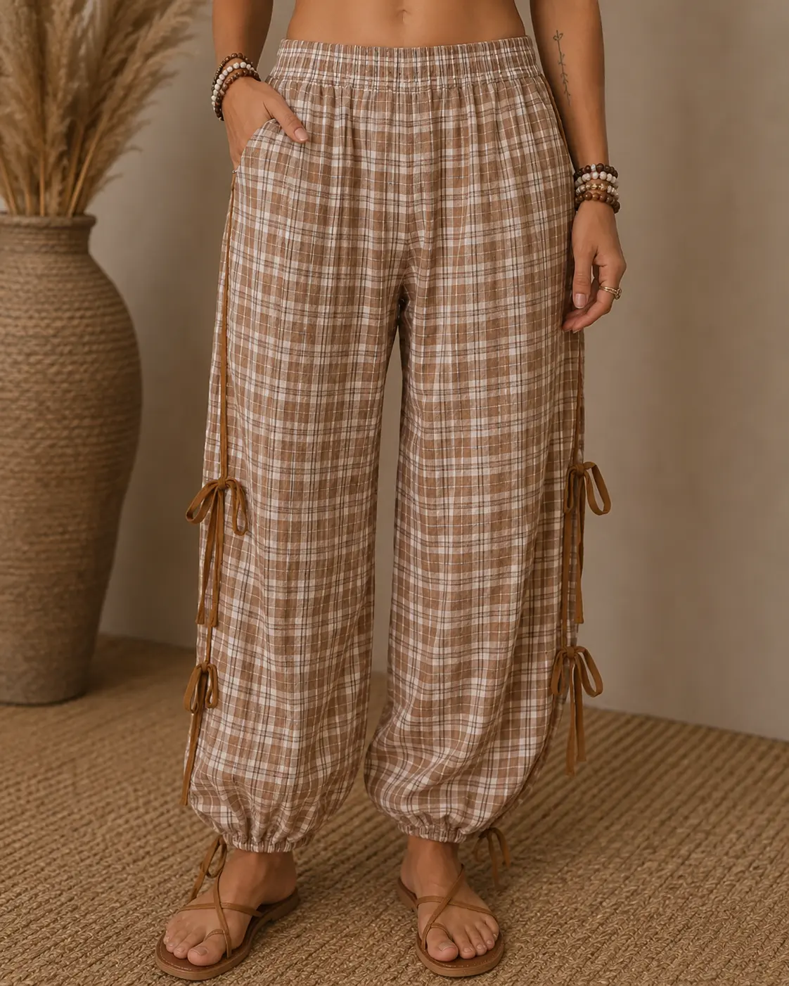 Women's Plaid Fabric Jogger Pants - Female Outdoor Wear, Loose Fit, Full Length, Chestnut Charm Detail, Side Tie, Casual Sport | Pre-Order