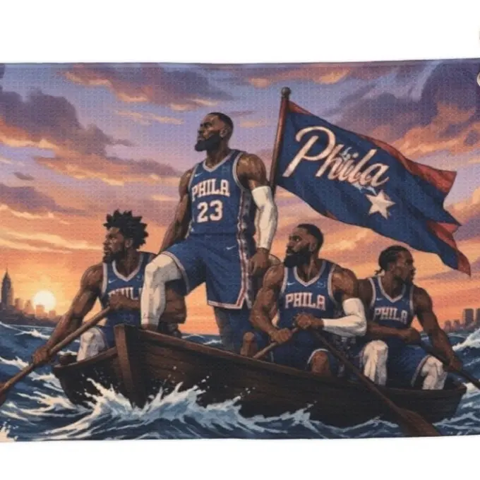 Sixers LeBron James crossing the Delaware Golf Towel, Microfiber Waffle Weave Absorbent Towel with Clip & Grommet, for Clubs and Balls