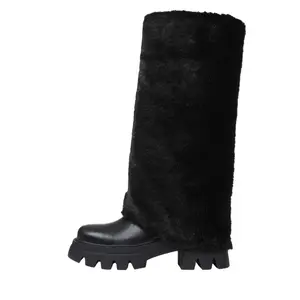 Women's Winter Faux Fur Knee High Boots Chunky Platform Heel Mid Calf Gothic Warm Fur Walking Snow Boots for Snowy Days