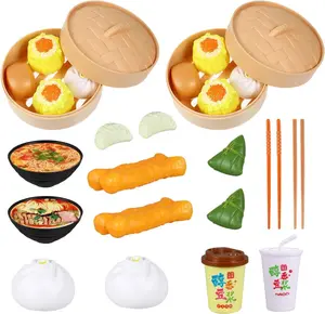 Play Food 26pcs Pretend Play Toy Set Steamer Buns Chinese Breakfast Toy for Kids Food Kitchen Set Cooking Dish Asia Tea Time Birthday, Style