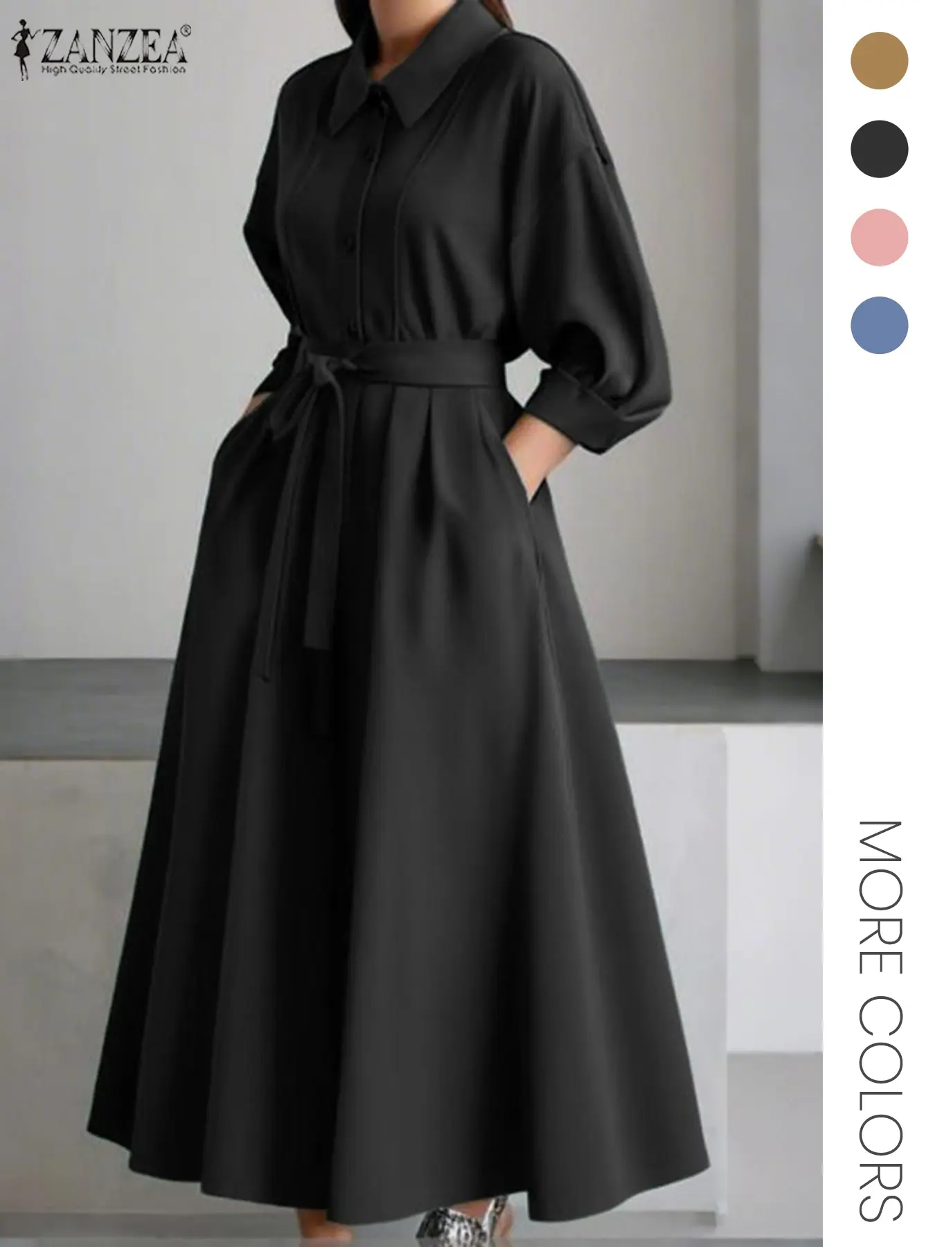 Elegant Chic Office Dress, Womenswear, Formal, Stand Collar Long Sleeve, A-Line Wide Hem, Waist Cinching, Belted Front Button Closure, Pockets, Fall Winter Fashion