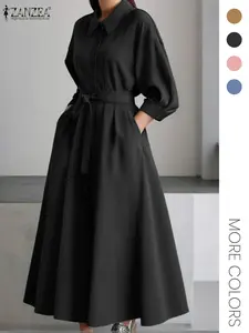 Elegant Office Dress, Stand Collar Long Sleeve, A-Line Wide Hem, Waist Cinching, Belted Front Button Closure, Pockets, Fall Winter Fashion