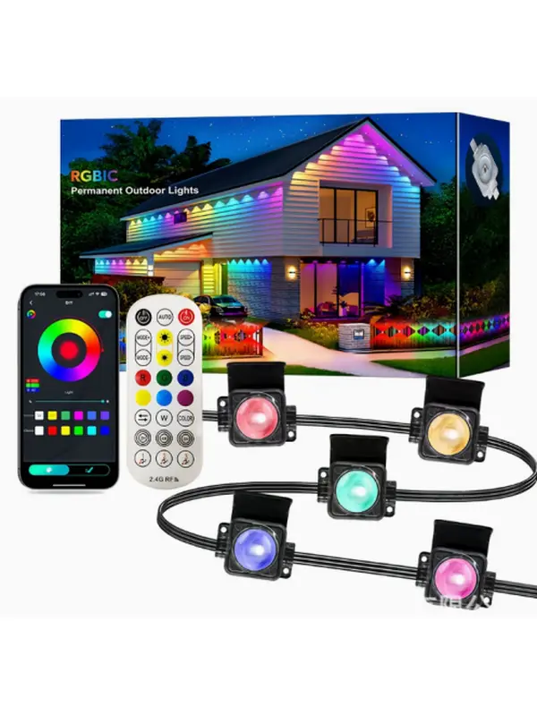 Permanent Smart RGB Outdoor Eaves Lights, IP68 Waterproof LED Strip Lighting, Bluetooth APP Remote Control, Music Rhythm Mode for House Roof Decor