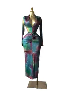 Women Deep V Bodycon Maxi Dress, Long Sleeve Ruched Waist Curve Hugging Design, Sexy Elegant Stretch Fabric with Sculpting Fit, Highlight Waist and Hips, Available in Red and Green, Perfect for Party Night Date Evening Wear