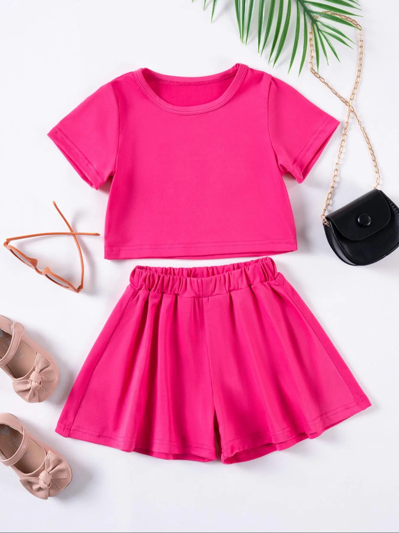 Two-Piece Set Toddler Girl's Solid Short Sleeve Tee & Shorts Set, Casual Round Neck T-shirt & Shorts for Summer, Kids Clothes for Daily Wear