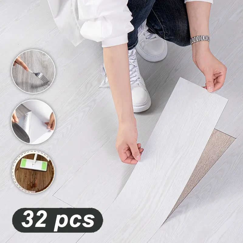 32pcs DIY Peel & Stick Floor Stickers, Removable Adhesive Self Adhesive Waterproof Wall Decals, 15x45cm Wood Grain Stripes, Home Decor for Living Room Bedroom Office