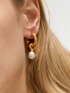 Ladies Earrings Water Diamond Pearl Embellished Pendant Circular Earrings Stainless Steel 18k Gold Plated Waterproof And Anti Allergy Classic Modern Urban Elegant Aesthetic Jewelry High Quality Earrings