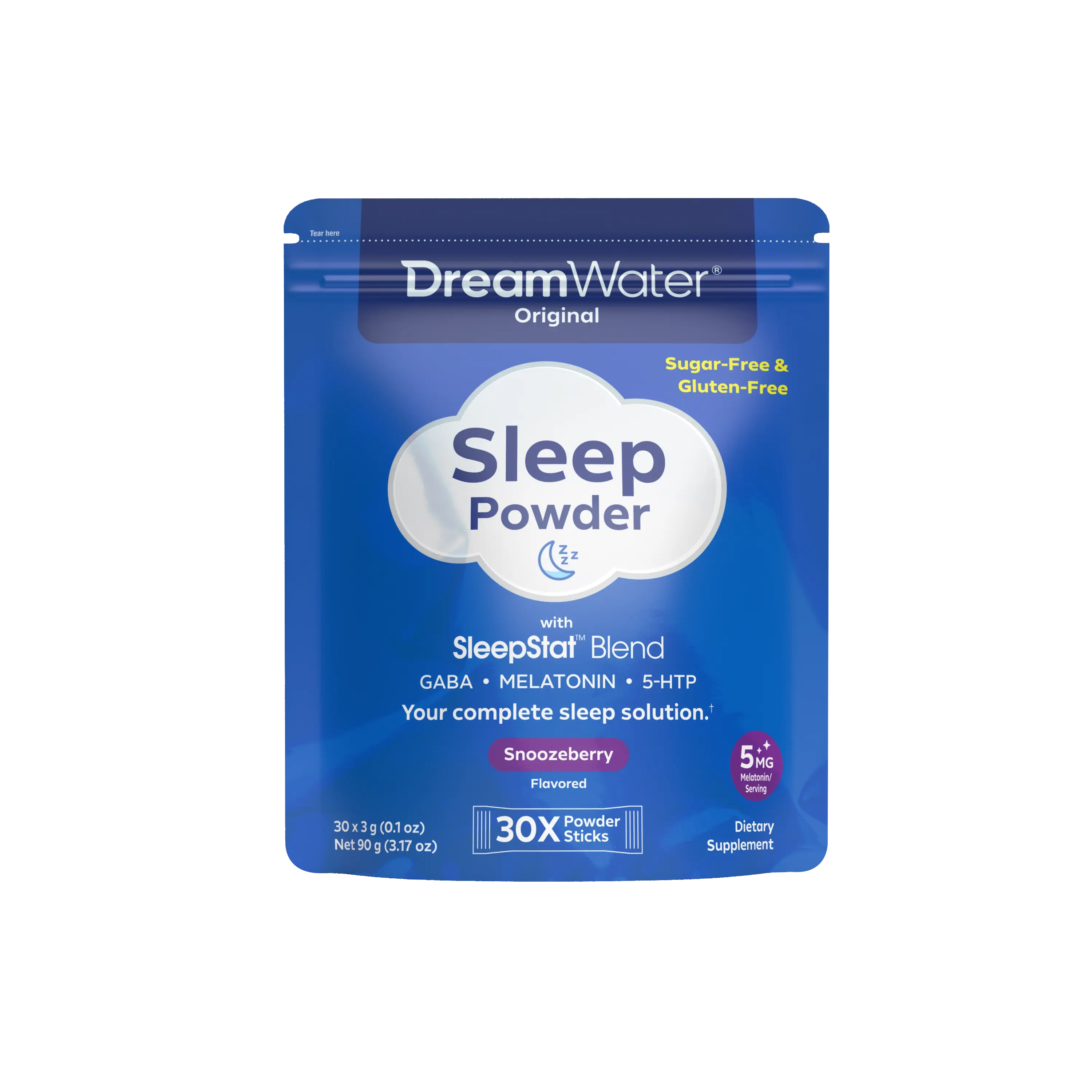 Dream Water Original Snoozeberry Sleep Powder Drink Mix, 5mg Melatonin with GABA & 5-HTP SleepStat Blend, Sugar-Free Gluten-Free Nighttime Sleep Aid Powder for Adults, 30 Stick Packs