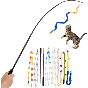 Cat Wand Toy, 9Pcs Retractable Plush Srtip Cat Teaser Wand Toys with Bell & String, Long Interactive Wand Toys for Indoor Kitten, Exercise