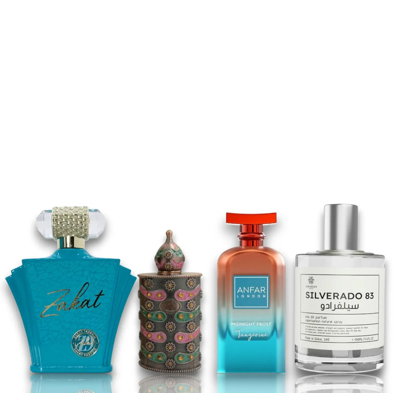 Oudlash Bundle | Zakat Z9 + Zakat Amwaj Al Anbar + Anfar Midnight Frost Tangerine + Silverado 83 | Unisex Fragrance | 20 ML - 100 ML | Eau De Parfum - Concentrated Oil | Sicilian - Bergamot & Californian Tangerine