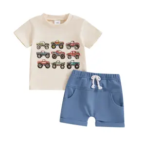 Toddler Boy Summer Clothes Retro Monster Trucks Print Short Sleeve T-shirt Elastic Waist Jogger Shorts Cute Summer Outfit 2Pcs Set